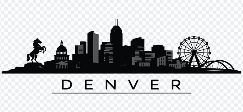 Denver city skyline silhouette with famous landmarks and ferris wheel