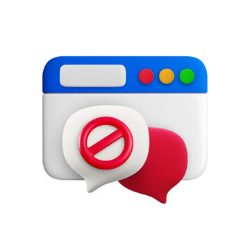 Vector cartoon minimal 3d browser window blocked chat illustration. Realistic render of website page, speech bubble, prohibition icon. Ban online messaging, denied internet communication concept.