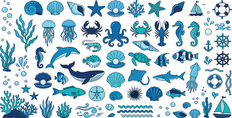 Blue sea animals and marine elements collection with whale dolphin shark octopus coral reef and nautical items vector illustration isolated on white © Harlin_