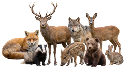 Obraz premium group of various european forest animals including red deer (cervus elaphus) and brown bear (ursus arctos) cut out on transparent background