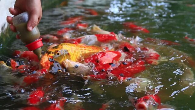 Close up hand feeding colorful koi fish in a pond using a baby bottle. School of hungry ornamental carps swimming and competing for food in clear water garden pond.