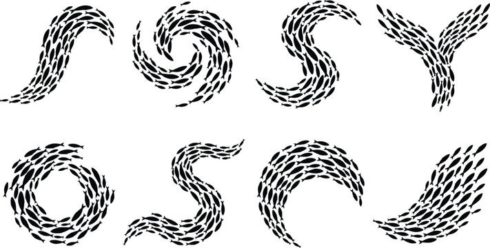 Abstract fish school formations creating swirling aquatic patterns and dynamic movement design
