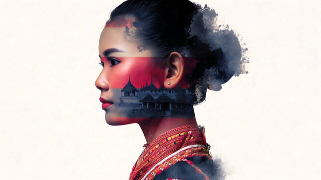 Artistic double exposure of an Asian woman in traditional attire with an ancient temple silhouette blending into her profile.