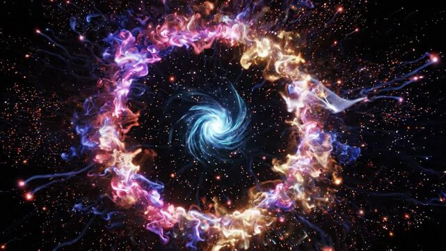 Spiral galaxy nebula space star cosmic ring vortex light plasma core with electric lightning spark burst colorful explosion glowing particles abstract deep universe dark background