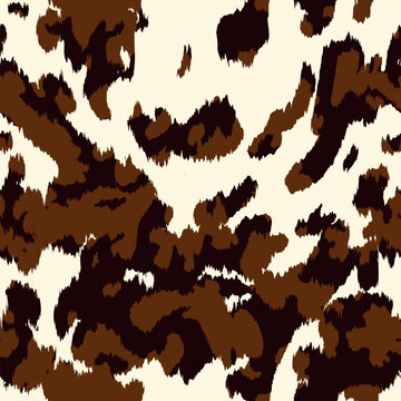 Brown, black and white cow leather seamless pattern. Vector detailed animal skin print, cute textured spots on white background. Natural spotted grunge fur for textile, fabric, wrapping paper, cover.