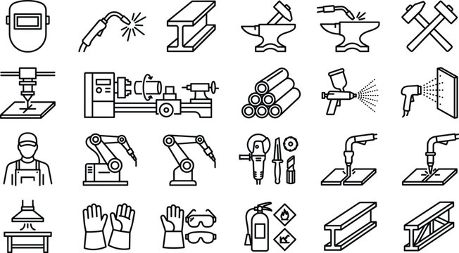 Welding and metal fabrication industry line icon set with torch lathe mask robot vector