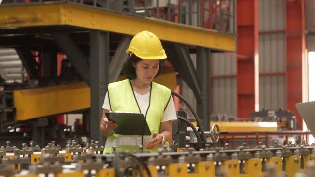 Supervisors inspecting production workflow and monitoring factory operations with digital technology. Manufacturing management, industrial innovation and operational efficiency.