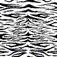 Obraz premium Tiger black white leather seamless pattern. Vector wild animal skin detailed texture, black stripes fur print on white background. Abstract jungle safari texture for fabric, decor, fashion, textile.