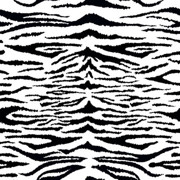 Tiger black white leather seamless pattern. Vector wild animal skin detailed texture, black stripes fur print on white background. Abstract jungle safari texture for fabric, decor, fashion, textile.