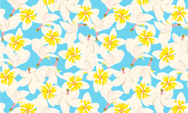 Plumeria flowers pattern background. Vector cute tropical Hawaiian flower print on blue background. Summer flat texture for wrapping, fabric, decor, textile, fashion design, wallpaper, backdrop, cover