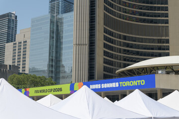 Obraz premium FIFA World Cup 26 host city banners on podium at City Hall, Toronto
