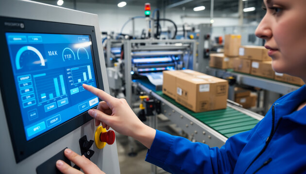 Female operator in blue uniform touches digital control panel touchscreen monitoring conveyor belt with cardboard boxes moving through automated warehouse facility