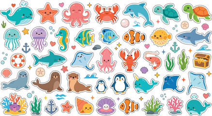 Cute sea animals sticker collection with funny cartoon ocean creatures coral reef plants and underwater treasure isolated on white background vector © Harlin_
