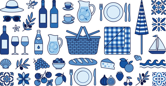 Mediterranean blue picnic elements collection with basket wine food tile patterns and beach items isolated on white background vector illustration