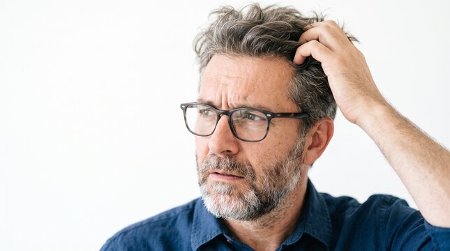 Man scratching head looking confused and thoughtful. Middle-aged guy struggling with memory loss or forgetfulness.