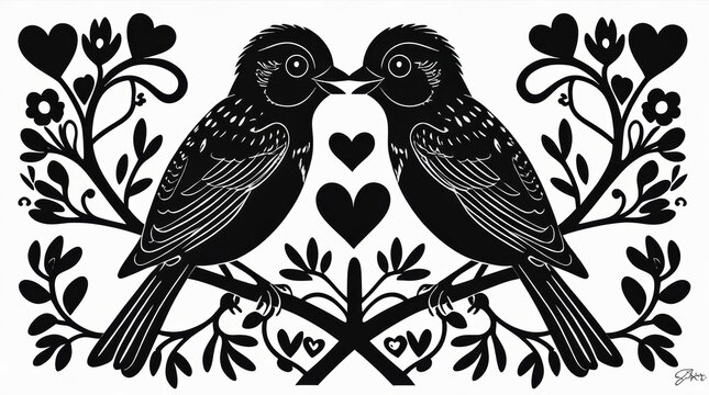 Two kissing birds sitting on a branch with hearts and flower elements