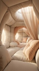 Obraz premium Surreal padded cocoon interior with soft cushions and sheer curtain