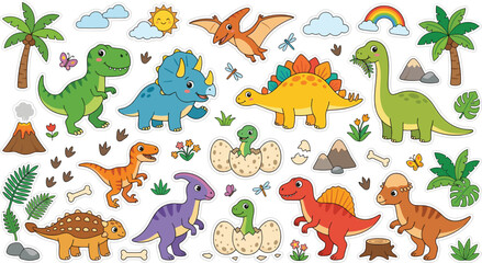 Cute dinosaur stickers collection with funny prehistoric animals volcano rainbow and palm trees isolated on white background vector © Harlin_