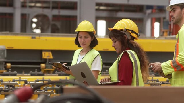Professional engineers, supervisors and factory workers collaborate on the production floor while reviewing manufacturing operations with digital tablets. Diverse industrial workforce demonstrating te