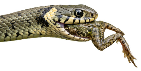 Obraz premium close up of a grass snake (natrix natrix) eating a captured frog on transparent background