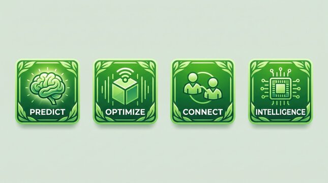 Four artificial intelligence icons with leaves on a light green background