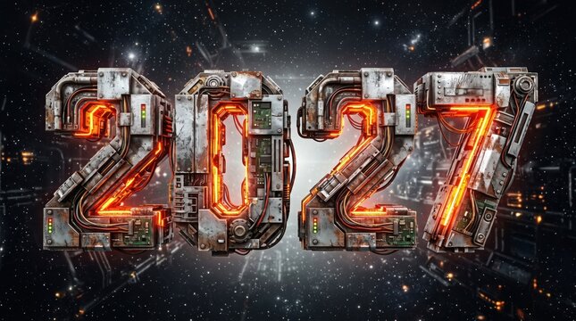 Futuristic 2027 digital typography with glowing circuitry and mechanical details