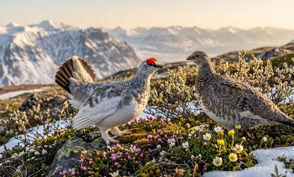  Pair of Rock Ptarmigans During Spring Courtship in Alpine Tundra