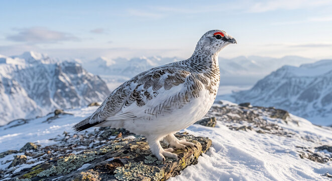 Rock Ptarmigan Standing on Alpine Snow Ridge
