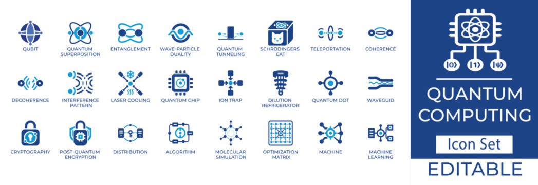 Quantum Computing Flat Icon Set, Flat and Glyph Vector Icons for Qubit, Entanglement, Schrodinger's Cat, Cryptography,