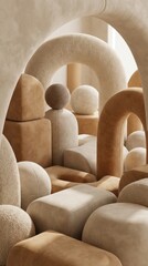 Obraz premium Surreal interior of soft suede spheres and arches in neutral tones