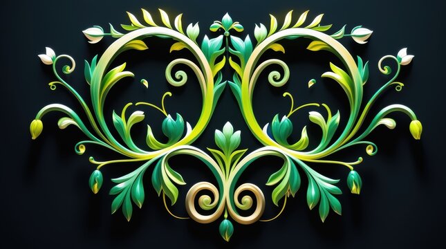 Decorative green floral swirl ornament with elegant leaf design elements