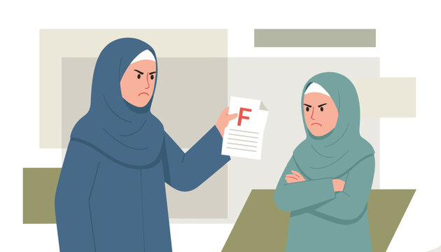 Angry muslim mother in hijab reprimanding her upset daughter while showing her a failed exam paper with an F grade.