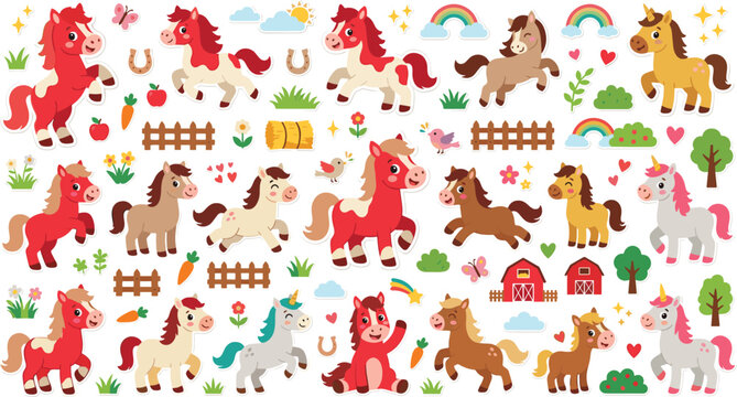 Cute horse and unicorn sticker collection with funny cartoon ponies farm animals rainbow and barn elements isolated on white background vector