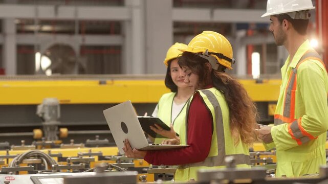 Professional engineers, supervisors and factory workers collaborate on the production floor while reviewing manufacturing operations with digital tablets. Diverse industrial workforce demonstrating te