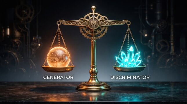 Artificial intelligence balance of generator and discriminator with glowing orbs digital illustration