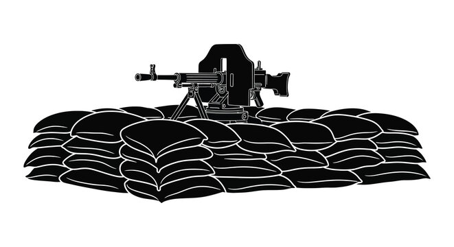 Machine Gun And Sandbags Silhouette Against White Background