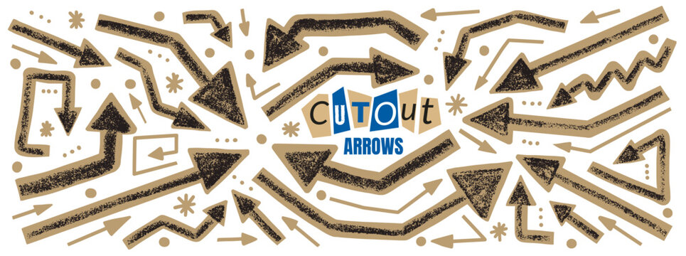 Cutout arrow and paper bold pointer for annotation collage in papercut scrapbook. Grainy beige direction shape and asterisk dots on white. Vector cutout arrow set isolated for posters and banner