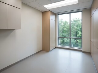 Fototapeta premium Empty medical examination room or clinical office with window view of green trees