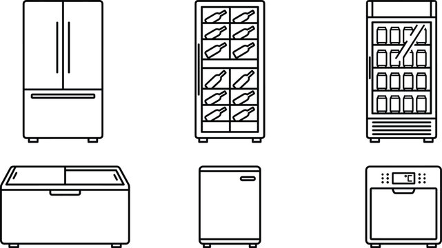 Commercial refrigerator and home freezer appliance line icon set with wine cooler vector illustration