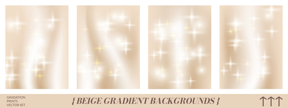 Glitter gradient poster set with brown gradation and sparkle texture. Gold glint backgrounds in warm beige and ivory silk tones. Vertical vector background with soft glitter glow isolated on white