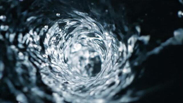 Water vortex whirlpool liquid swirl blue abstract motion closeup transparent texture dynamic splash circular flow rippling glossy surface dark aquatic background fluid tunnel