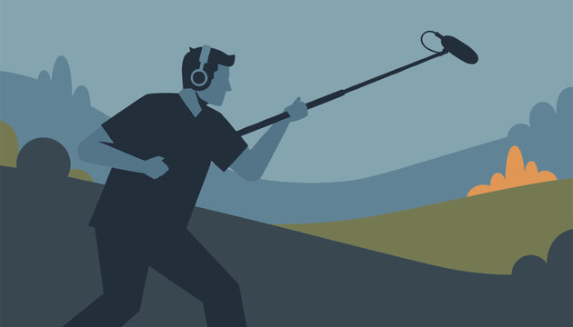 Professional sound recordist holding a long boom microphone in a stylized scenic outdoor landscape at night.