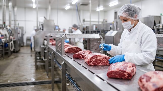 A worker in sanitary gear checks temperature of raw meat cuts on a conveyor belt at a food processing plant