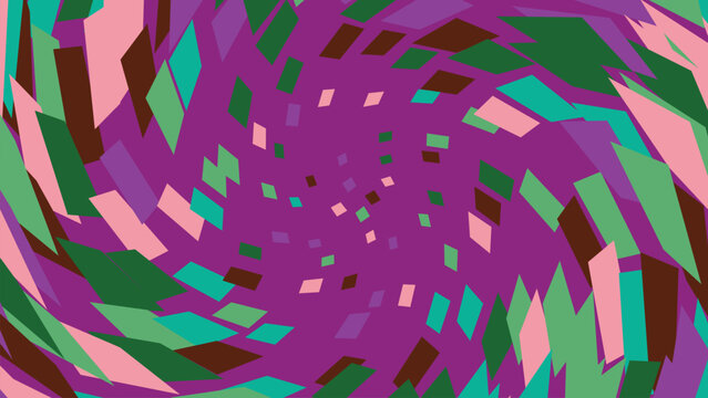 Abstract geometric pattern with colorful rhomboid shapes arranged in dynamic spiral motion for modern graphic design backgrounds and digital art.
