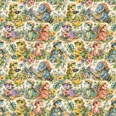 Fototapeta premium Watercolor Baby Dinosaur Explorer Seamless Pattern with Tropical Leaves, Bananas and Wildflowers