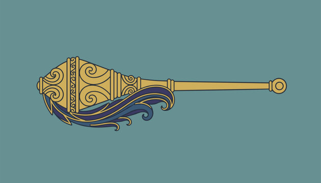 Fancy golden mace or scepter weapon adorned with intricate swirl patterns and blue decorative wing elements on dark background.
