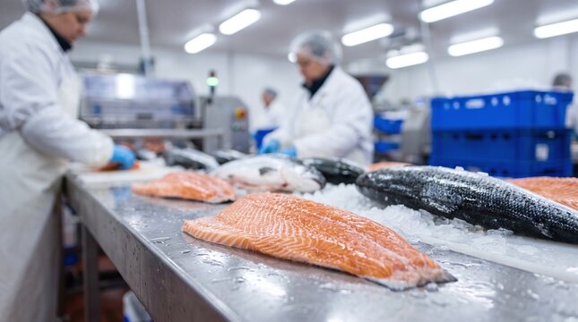Workers in a processing plant prepare fresh salmon fillets and whole fish on a metal counter