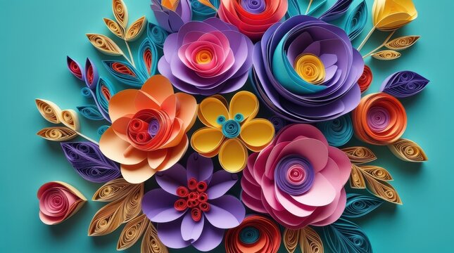 Colorful paper quilling flowers arrangement on a bright blue background