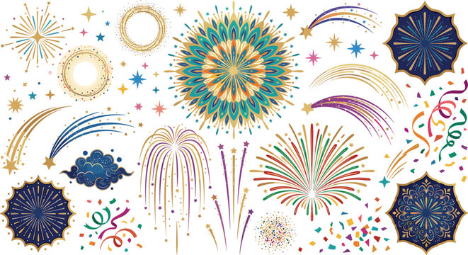 Festive vector illustration collection of ornate colorful fireworks shooting stars mandala badges and dynamic confetti streamers isolated on white background