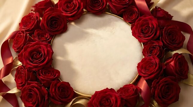 Circle frame red rose wreath ribbon elegant design